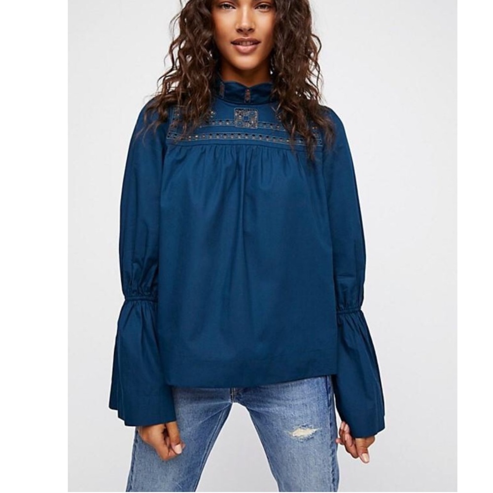 Free People High Neck Navy Blouse